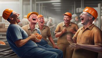 workers talking and laughing at a factory Labor Day and the importance of workers photo