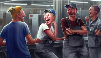 workers talking and laughing at a factory Labor Day and the importance of workers photo