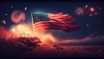 american flag waving in the air with fireworks and night scene view fourth of july concept Independence Day time for revolution July 4th photo