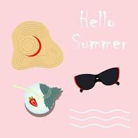 Design with wide brim hat, sunglasses and cocktail with strawberries and lettering Hello summer vector