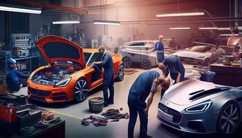 Labor Day and the importance of workers workers of automotive industry assemble new cars in workshop photo