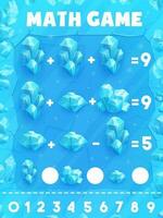 Math game worksheet, ice crystals and cubes vector