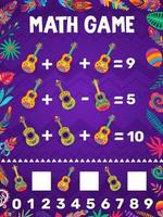 Math game worksheet, mexican guitars and flowers vector