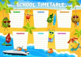 Education timetable cartoon fruits on summer beach vector