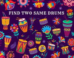 Find two same Brazilian drums, kids quiz game vector