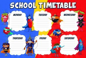 Timetable cartoon superhero berry characters vector