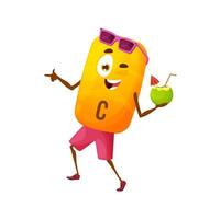 dibujos animados gracioso vitamina C con cóctel en playa vector