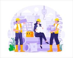 labor día. construcción trabajadores son trabajando en edificios vector ilustración