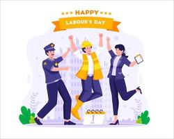 labor trabajadores son teniendo divertido saltando juntos felizmente. obrero, policía, y hembra profesor celebrando labor día en Primero mayo vector