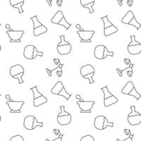 Seamless vector repeating pattern of laboratory bulb, scales, mortar and pestle. It can be used for web sites, apps, clothes, covers, banners etc
