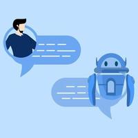 chatbot y cliente Servicio concepto. hombre hablando a chatbot en grande teléfono inteligente pantalla. charla larva del moscardón virtual asistente vía mensajería. cliente apoyo. vector aislado ilustración