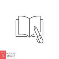 Open book with pen line icon. Paper book office, school, business and education concept. Simple outline style. Vector illustration isolated on white background. Editable stroke EPS 10.