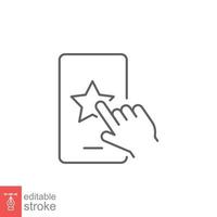 Hand click star on phone line icon. Customer feedback and rating, evaluation, like, favourite concept. Simple outline style. Vector illustration isolated on white background. Editable stroke EPS 10.