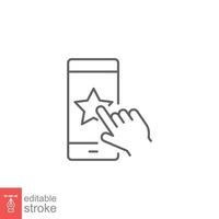 Hand click star on phone line icon. Customer feedback and rating, evaluation, like, favourite concept. Simple outline style. Vector illustration isolated on white background. Editable stroke EPS 10.