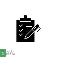 Clipboard checklist with pen icon. Testimonials and customer relationship management concept. Simple solid style. Silhouette, glyph symbol. Vector illustration isolated on white background. EPS 10.