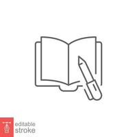 Open book with pen line icon. Paper book office, school, business and education concept. Simple outline style. Vector illustration isolated on white background. Editable stroke EPS 10.