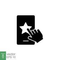 Hand click star on phone icon. Customer feedback and rating, like, favourite concept. Simple solid style. Black silhouette, glyph symbol. Vector illustration isolated on white background. EPS 10.