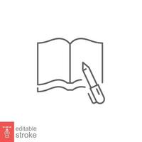 Open book with pen line icon. Paper book office, school, business and education concept. Simple outline style. Vector illustration isolated on white background. Editable stroke EPS 10.