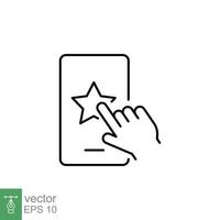 Hand click star on phone line icon. Customer feedback and rating, evaluation, like, favourite concept. Simple outline style. Vector illustration isolated on white background. EPS 10.