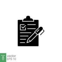 Clipboard checklist with pen icon. Testimonials and customer relationship management concept. Simple solid style. Silhouette, glyph symbol. Vector illustration isolated on white background. EPS 10.