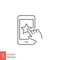 Hand click star on phone line icon. Customer feedback and rating, evaluation, like, favourite concept. Simple outline style. Vector illustration isolated on white background. Editable stroke EPS 10.