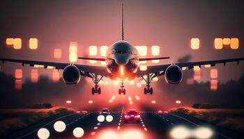 landing plane from front view at night with bokeh of light, photo