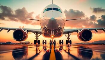 landing plane from front view in sunset, photo