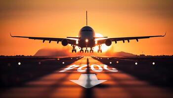 2024 start flying to success concept, landing plane from front view in sunset, photo