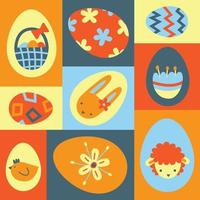 Easter eggs set with decoration and ornament poster. Springtime holiday symbols in retro style. Bunny, eggs, lamb, chicken, hunt basket, flowers vector abstract graphic modern flat illustration.