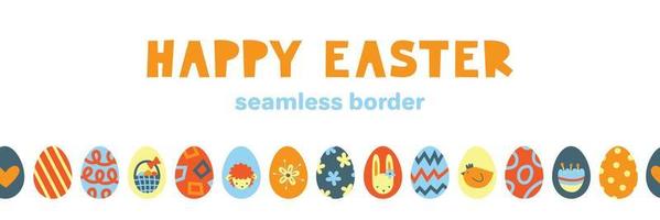 Easter seamless border. Springtime holiday eggs. Bunny, lamb, flowers, basket. Modern abstract graphic vector flat.