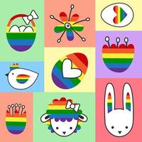 arco iris Pascua de Resurrección huevos conjunto con decoración y ornamento póster. gay primavera fiesta simbolos conejito, huevos, cordero, pollo, cazar cesta, flores orgullo vector resumen gráfico moderno plano ilustración.