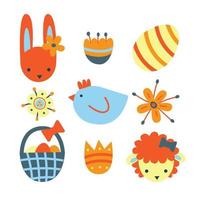 Easter symbols set. Springtime holiday objects collection. Bunny, eggs, lamb, chicken, hunt basket, flowers illustration for cards, greetings, posters, banners. Vector abstract graphic modern flat.