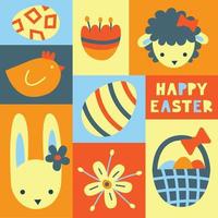 Easter symbols set poster. Springtime holiday objects colorful collection in retro style. Bunny, eggs, lamb, chicken, hunt basket, flowers vector abstract graphic modern flat illustration.