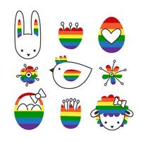 Rainbow easter symbols set. LGBT springtime holiday objects. Gay bunny, eggs, lamb, chicken, hunt basket, flowers illustration. Pride vector abstract graphic modern flat.