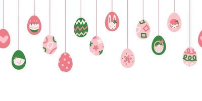Happy Easter seamless border and banner with hanging eggs and holiday symbols in green pink. Abstract modern graphic vector flat illustration.