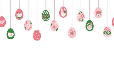 Happy Easter seamless border and banner with hanging eggs and holiday symbols in green pink. Abstract modern graphic vector flat illustration.