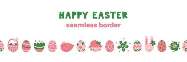 Easter seamless border. Springtime holiday objects. Bunny, lamb, flowers. egg hunt basket. Modern abstract graphic vector flat.