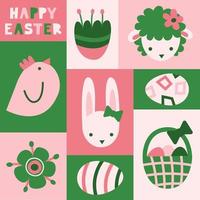 Easter symbols set poster. Springtime holiday objects green pink collection. Bunny, eggs, lamb, chicken, hunt basket, flowers vector abstract graphic modern flat illustration.