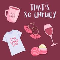 eso es entonces descarado consignas acerca de cheuglife. conjunto de cheugy cosa. taza, camiseta, vaso de vino, labio bálsamo, pendientes. cheuglife elementos. vector ilustración.