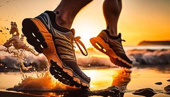 close up legs runner running on sunrise seaside trail, photo