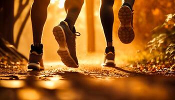 cerca arriba piernas corredor grupo corriendo en amanecer en parque, ai generativo foto