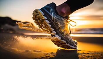 close up legs runner running on sunrise seaside trail, photo