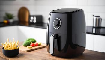 Black air fryer or oil free fryer appliance on the wooden table in the modern kitchen, photo