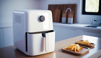 White air fryer or oil free fryer appliance on the wooden table in the modern kitchen near window, photo