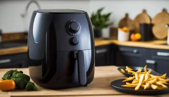 Black air fryer or oil free fryer appliance on the wooden table in the modern kitchen, photo