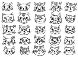 Hand drawn big set with doodle cat faces isolated on white background. Line funny collection. vector