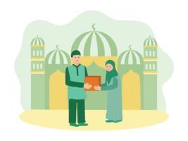Vector Design Celebration Ramadan and Eid Mubarak Family, Praying and Giving Cartoon Character Illustration Concept