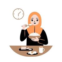 musulmán personas comiendo iftar ilustración vector
