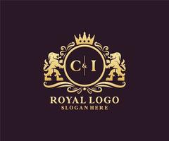 Initial CI Letter Lion Royal Luxury Logo template in vector art for Restaurant, Royalty, Boutique, Cafe, Hotel, Heraldic, Jewelry, Fashion and other vector illustration.