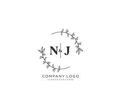 initial NJ letters Beautiful floral feminine editable premade monoline logo suitable for spa salon skin hair beauty boutique and cosmetic company. vector